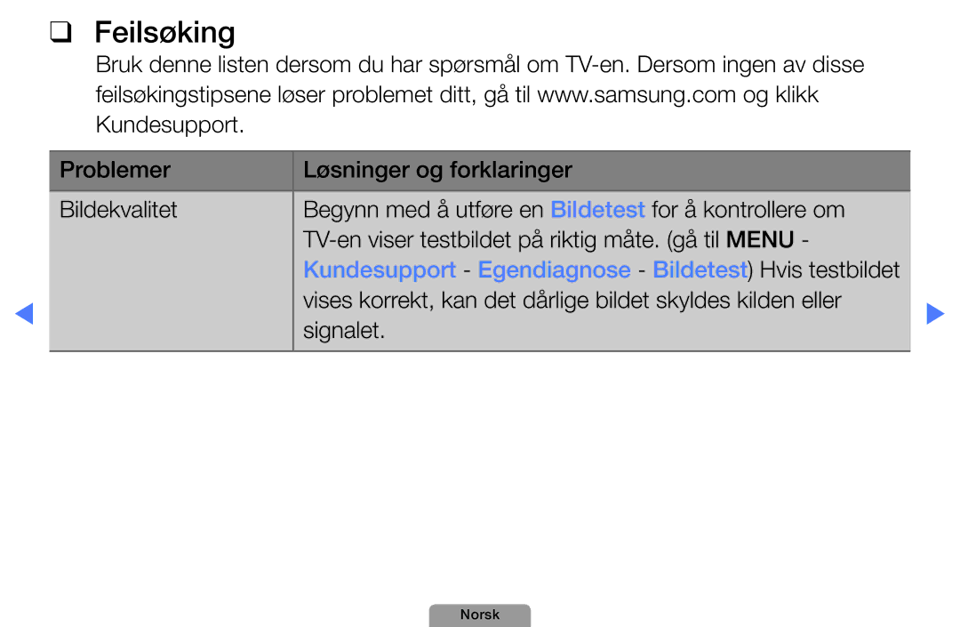 Samsung UE46D5727RKXXE, UE26D4004BWXXE, UE40D5004BWXXE manual Feilsøking, Kundesupport Egendiagnose Bildetest Hvis testbildet 