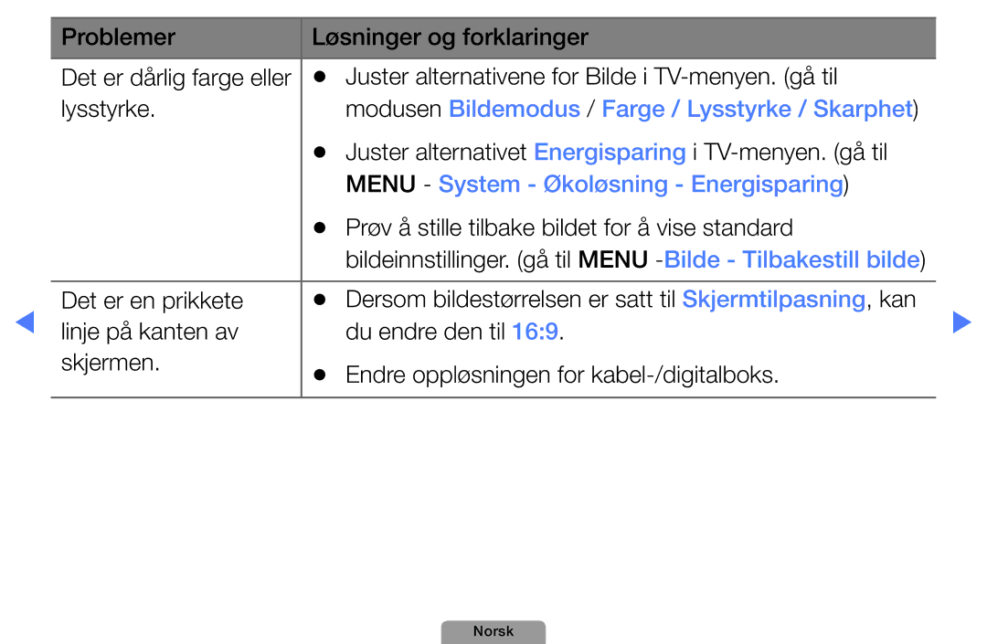 Samsung UE32D4004BWXXE manual Modusen Bildemodus / Farge / Lysstyrke / Skarphet, Menu System Økoløsning Energisparing 