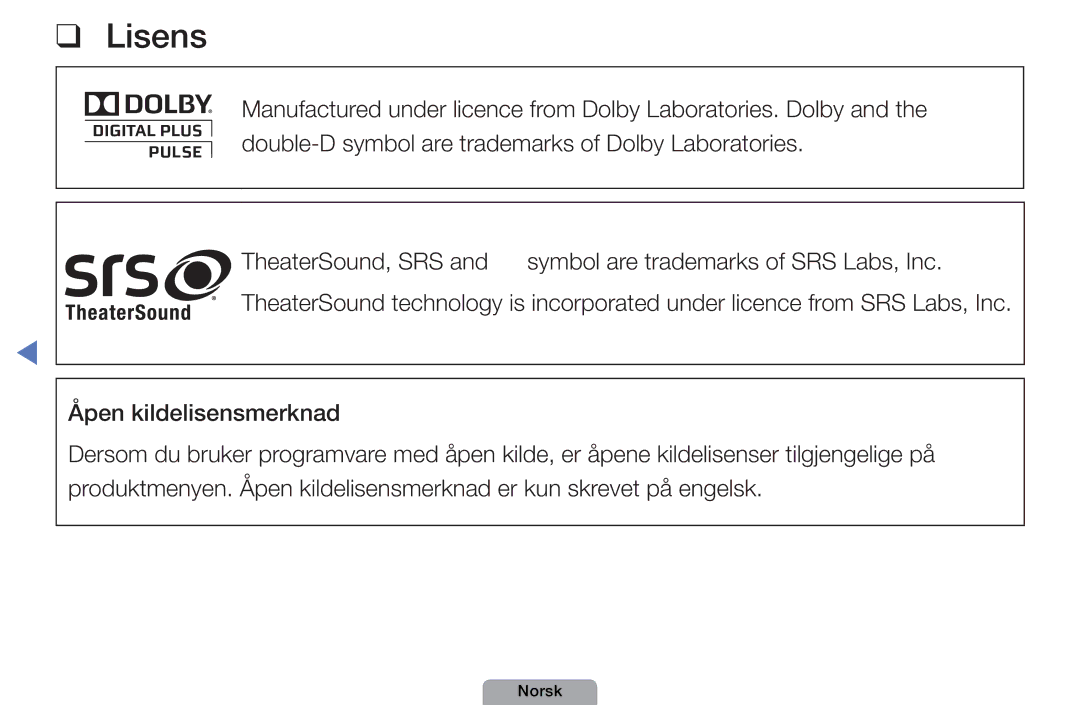 Samsung UE22D5004BWXXE, UE46D5727RKXXE, UE26D4004BWXXE, UE40D5004BWXXE, UE32D4004BWXXE manual Lisens, Åpen kildelisensmerknad 