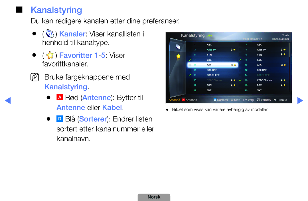 Samsung UE26D4004BWXXE, UE46D5727RKXXE, UE40D5004BWXXE manual Kanalstyring, Favoritter 1 -5 Viser, Antenne eller Kabel 