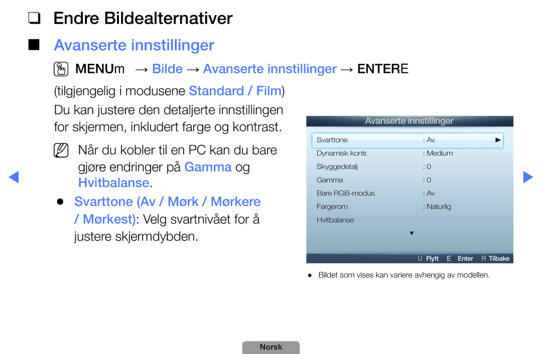 Samsung UE46D5727RKXXE manual Endre Bildealternativer, Avanserte innstillinger, Hvitbalanse Svarttone Av / Mørk / Mørkere 