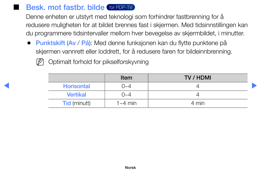 Samsung UE46D5727RKXXE, UE26D4004BWXXE manual Besk. mot fastbr. bilde for PDP-TV, NN Optimalt forhold for pikselforskyvning 