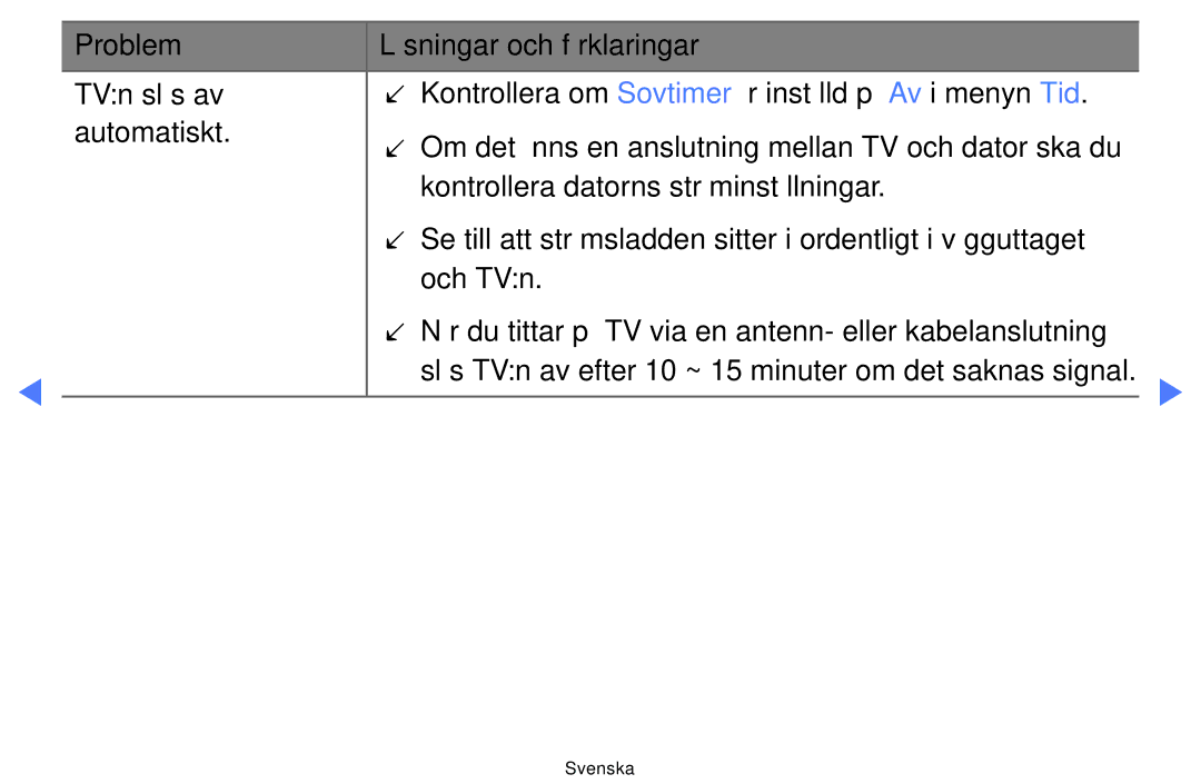 Samsung UE26D4004BWXXE, UE46D5727RKXXE, UE40D5004BWXXE manual Slås TVn av efter 10 ~ 15 minuter om det saknas signal 