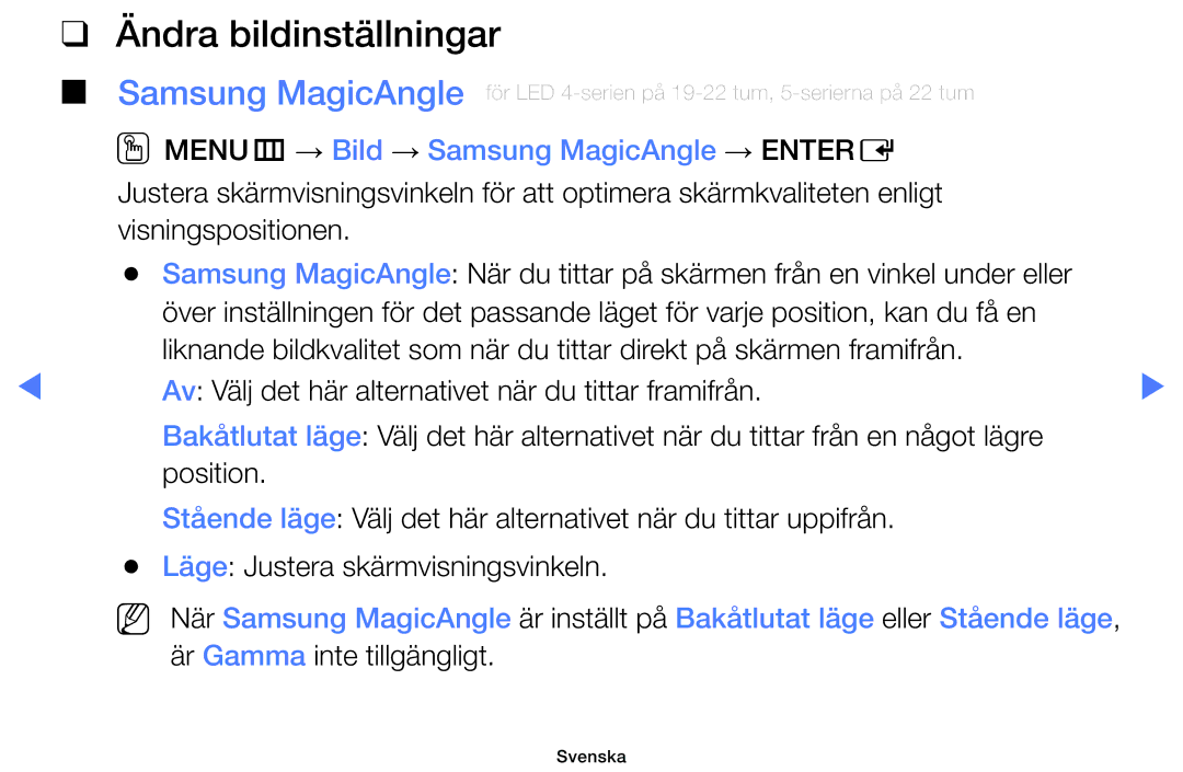 Samsung UE46D5727RKXXE, UE26D4004BWXXE manual Ändra bildinställningar, OOMENUm → Bild → Samsung MagicAngle → Entere 