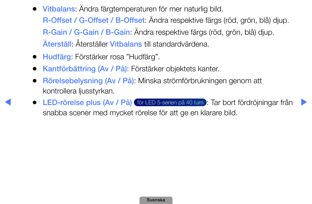Samsung UE40D5004BWXXE manual Vitbalans Ändra färgtemperaturen för mer naturlig bild, Hudfärg Förstärker rosa Hudfärg 