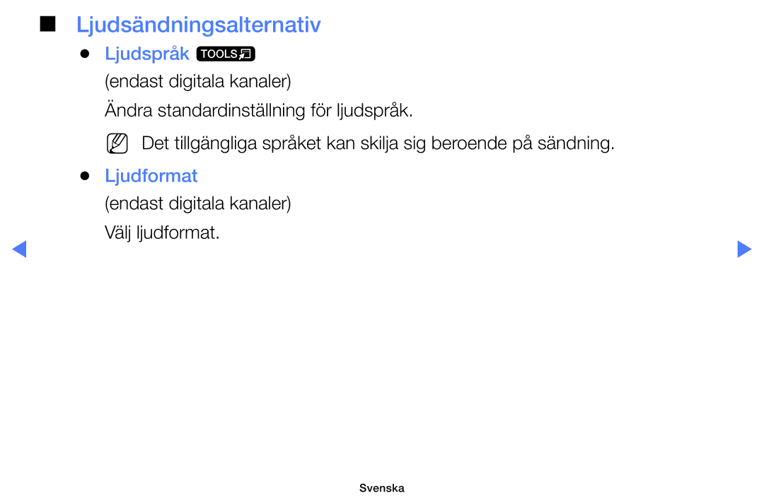 Samsung UE19D4004BWXXE, UE46D5727RKXXE manual Ljudsändningsalternativ, Ljudspråk t endast digitala kanaler, Ljudformat 