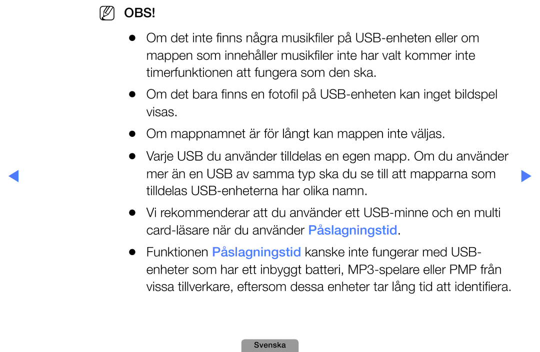 Samsung UE19D4004BWXXE, UE46D5727RKXXE, UE26D4004BWXXE manual Om det inte finns några musikfiler på USB-enheten eller om 