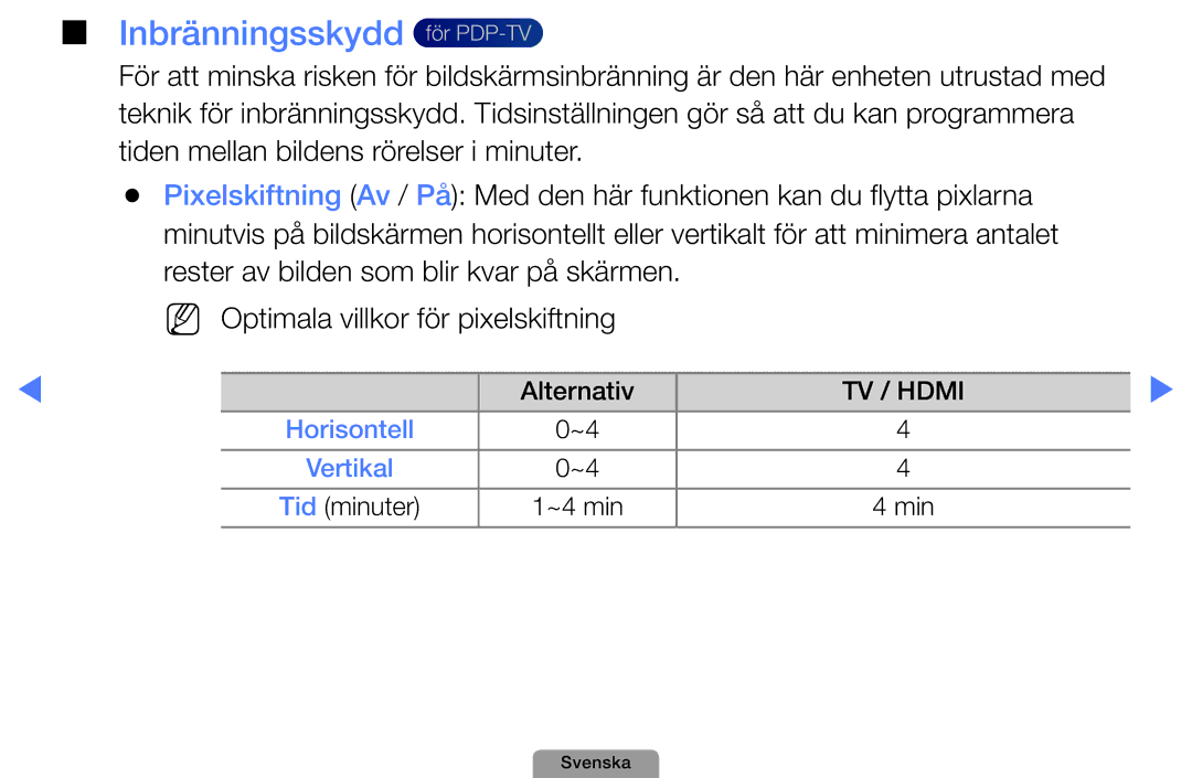 Samsung UE46D5727RKXXE, UE26D4004BWXXE, UE40D5004BWXXE, UE32D4004BWXXE, UE19D4004BWXXE manual Inbränningsskydd för PDP-TV 