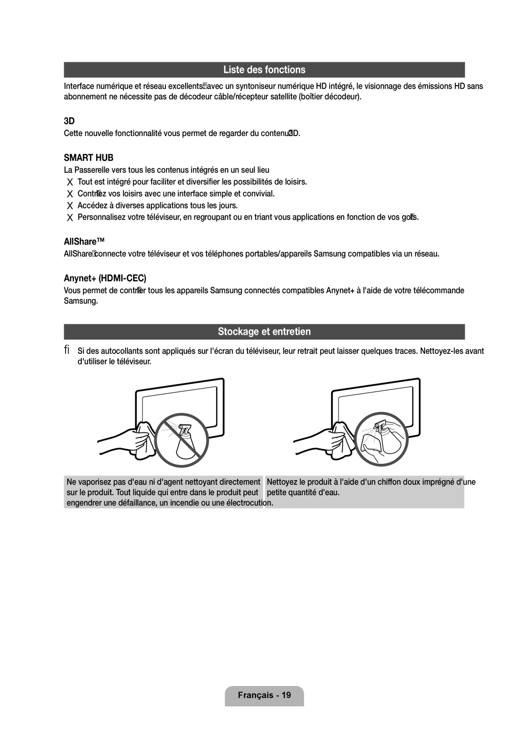 Samsung UE32D6100SWXXC, UE46D6100SWXXC, UE40D6100SWXXC, UE55D6100SWXXC manual Liste des fonctions, Stockage et entretien 