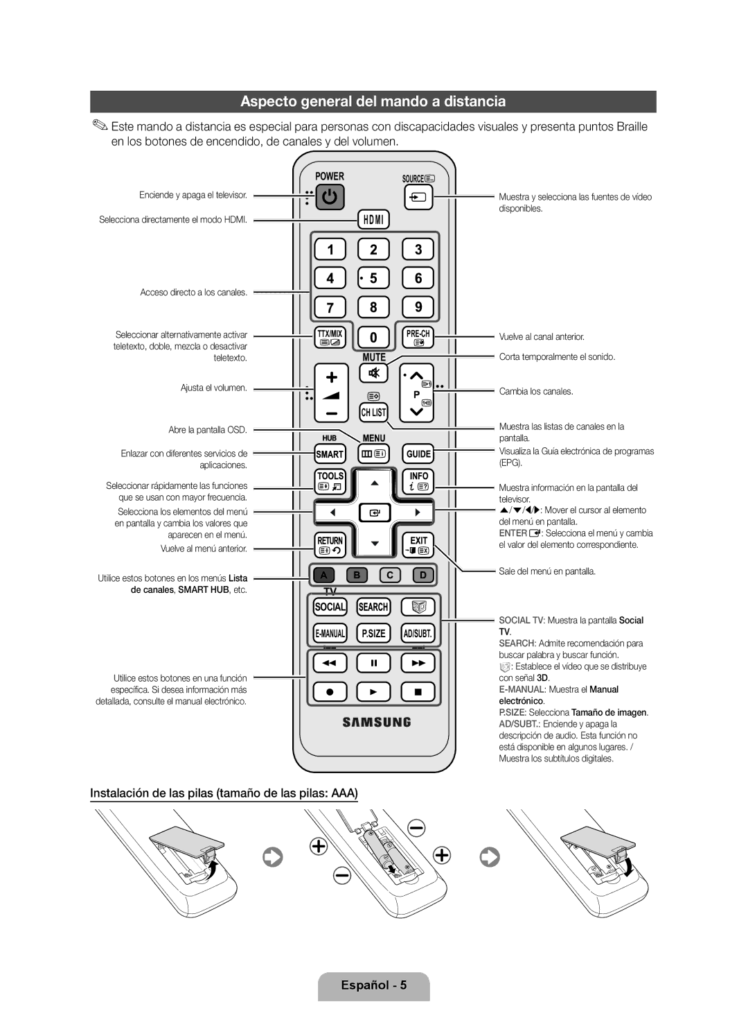 Samsung UE40D6100SWXXC manual Aspecto general del mando a distancia, Instalación de las pilas tamaño de las pilas AAA 