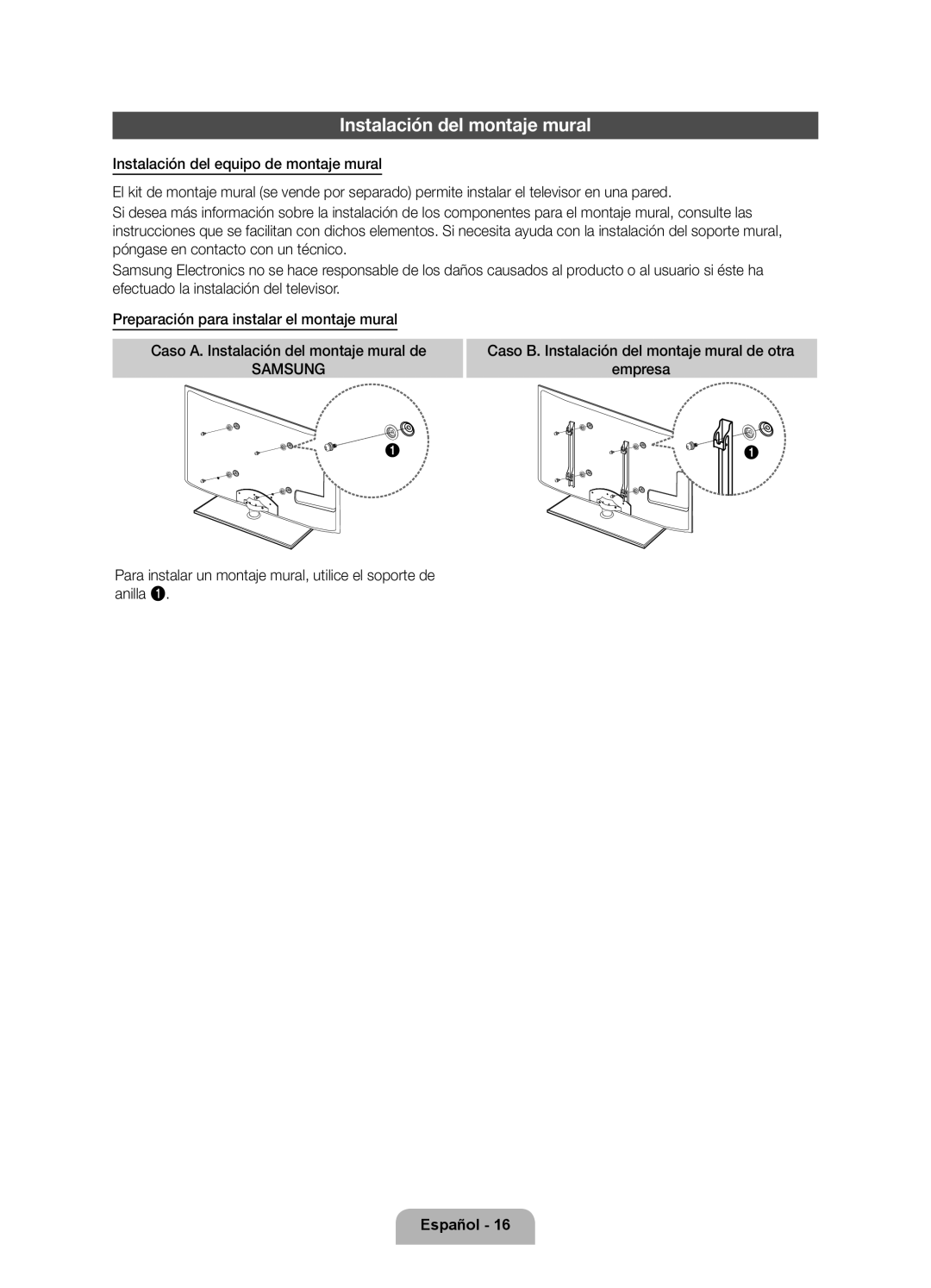 Samsung UE46D6100SWXXC, UE40D6100SWXXC, UE55D6100SWXXC, UE37D6100SWXXC, UE37D6100SWXXH Instalación del montaje mural, Samsung 