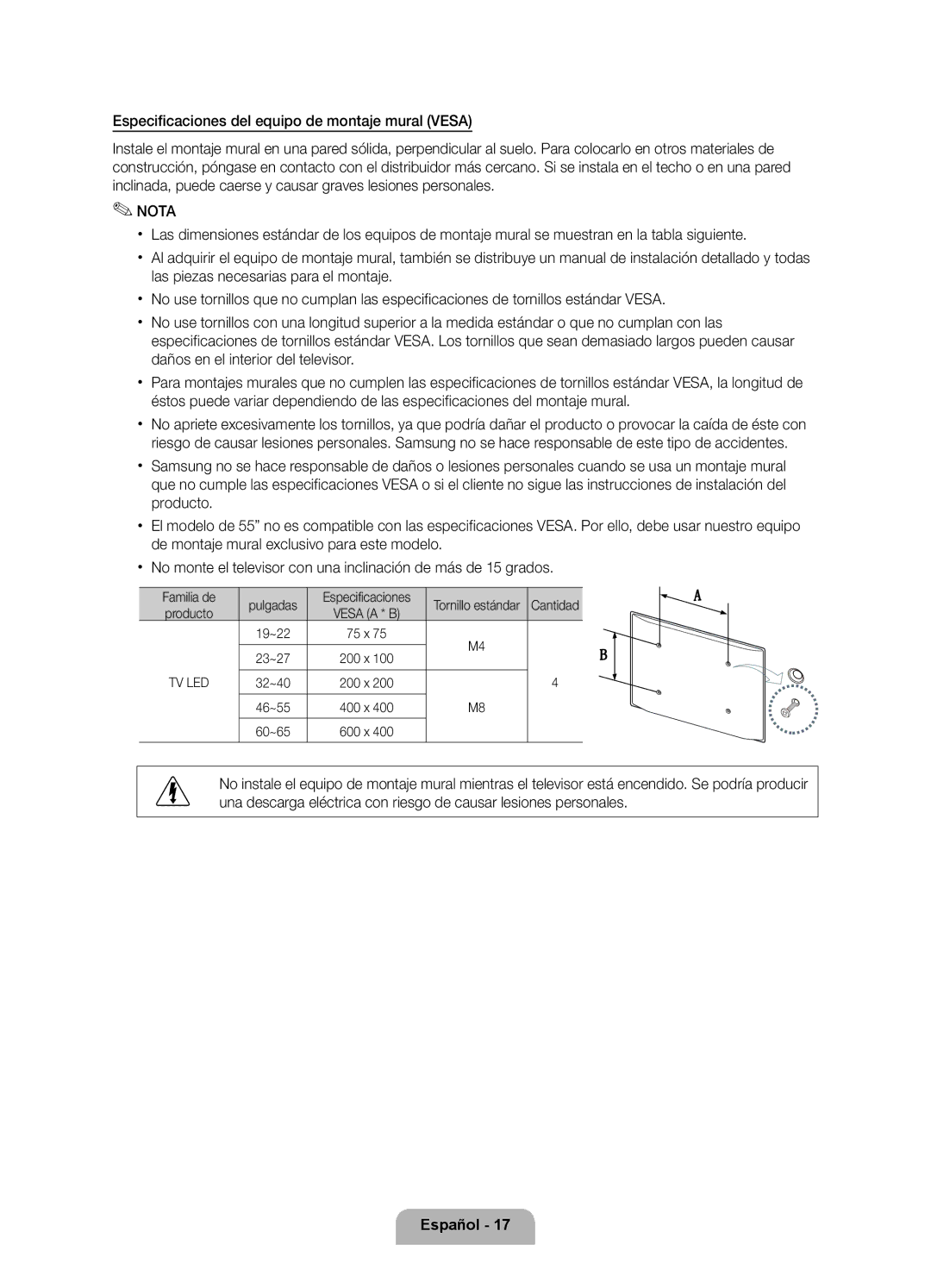 Samsung UE40D6100SWXXC, UE46D6100SWXXC Familia de Pulgadas, Tornillo estándar Cantidad Producto, 19~22 75 x 23~27 200 x 