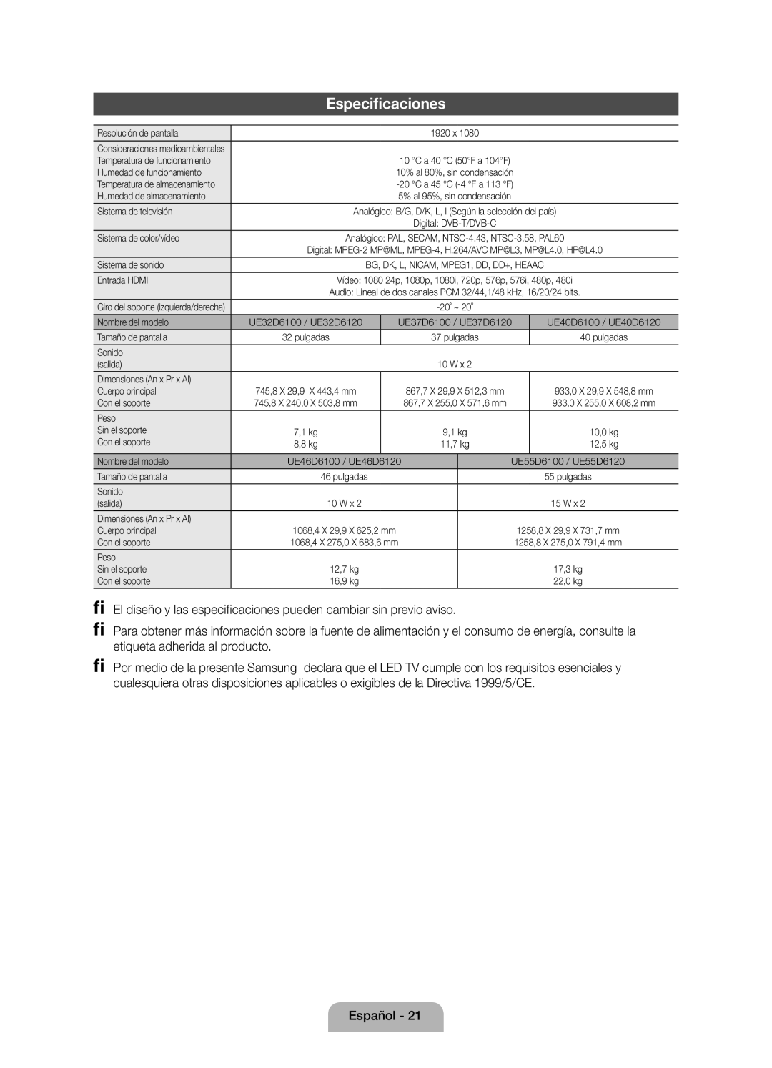 Samsung UE32D6100SWXXC, UE46D6100SWXXC, UE40D6100SWXXC, UE55D6100SWXXC, UE37D6100SWXXC, UE37D6100SWXXH manual Especificaciones 