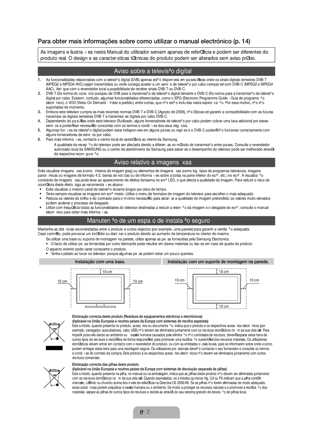 Samsung UE40D6100SWXXC, UE46D6100SWXXC, UE55D6100SWXXC manual Aviso sobre a televisão digital, Aviso relativo a imagens fixas 