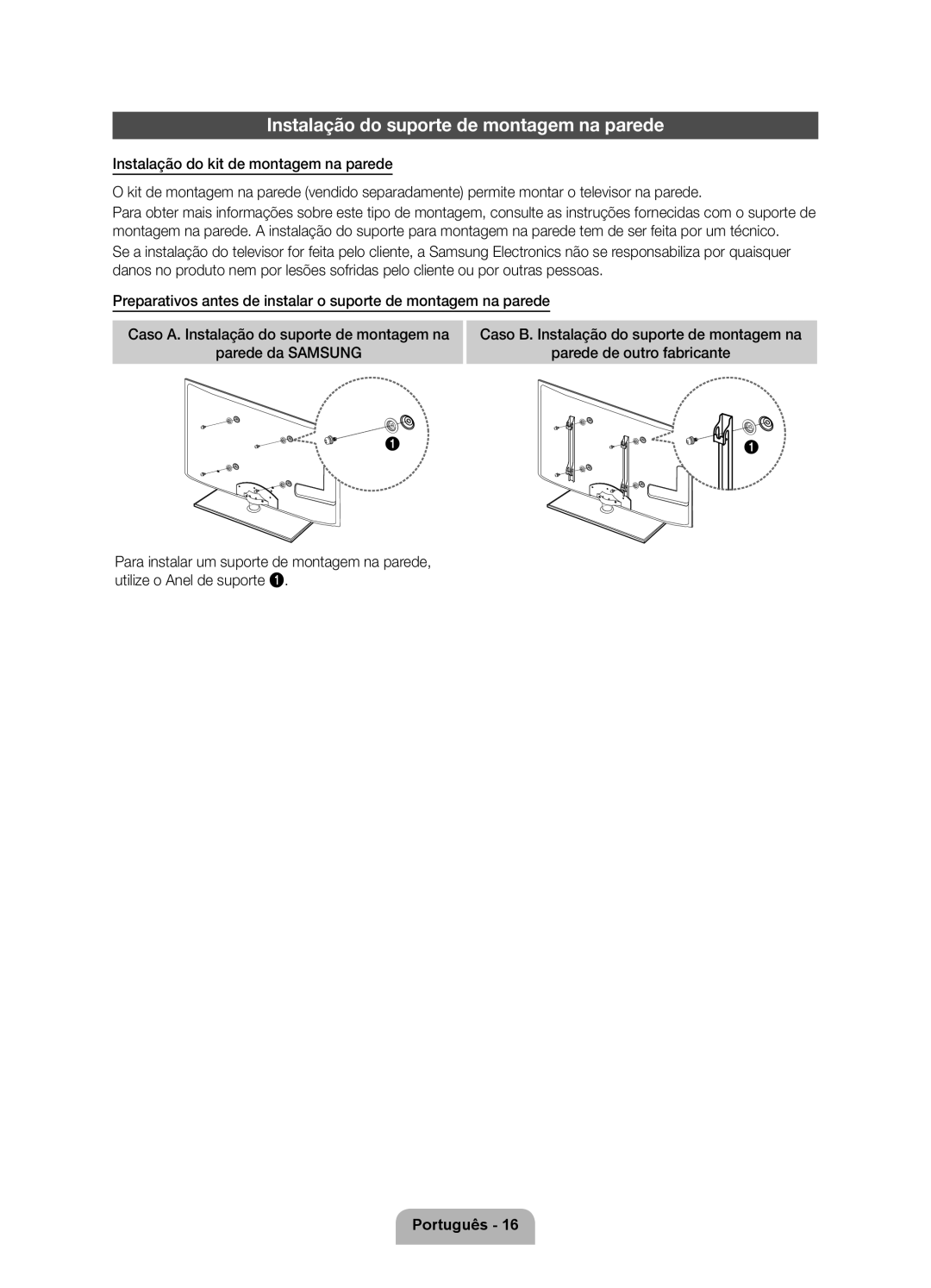 Samsung UE37D6100SWXXC, UE46D6100SWXXC, UE40D6100SWXXC, UE55D6100SWXXC manual Instalação do suporte de montagem na parede 