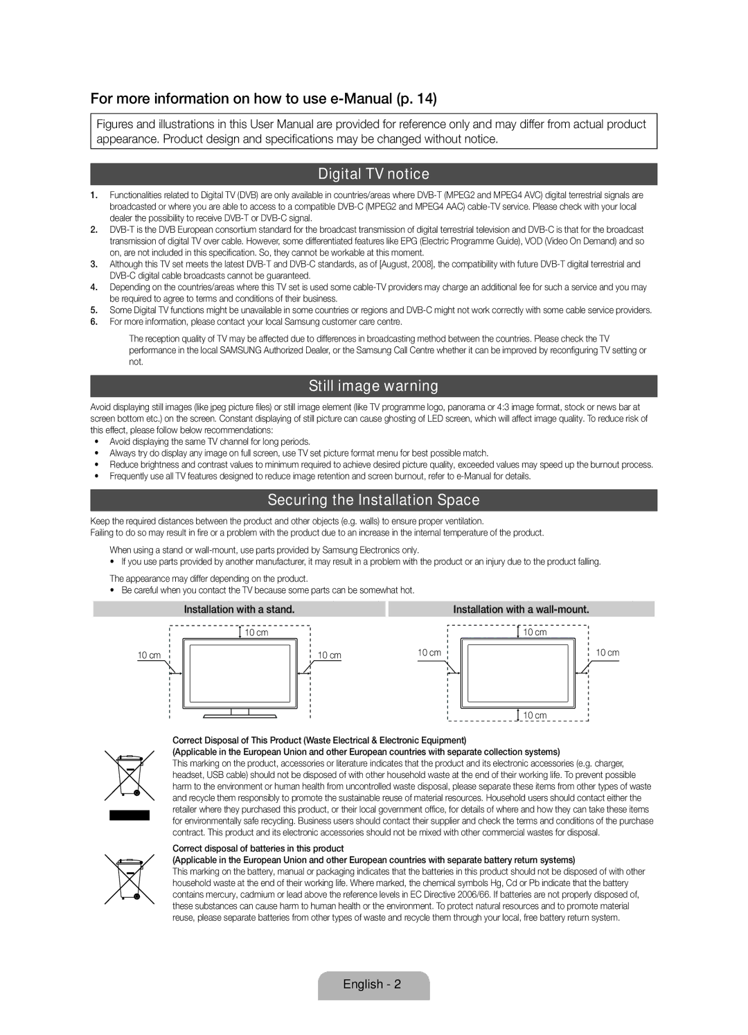 Samsung UE32D6205TSXXE manual For more information on how to use e-Manual p, Digital TV notice, Still image warning, 10 cm 