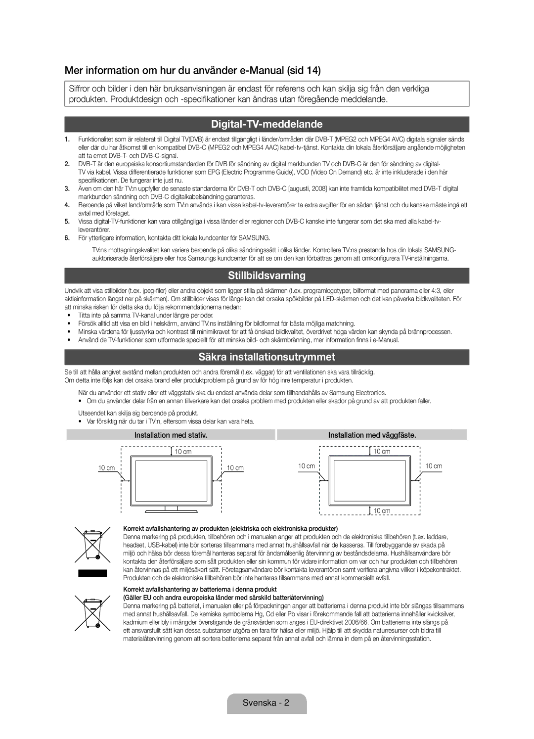 Samsung UE46D6205TSXXE manual Mer information om hur du använder e-Manual sid, Digital-TV-meddelande, Stillbildsvarning 