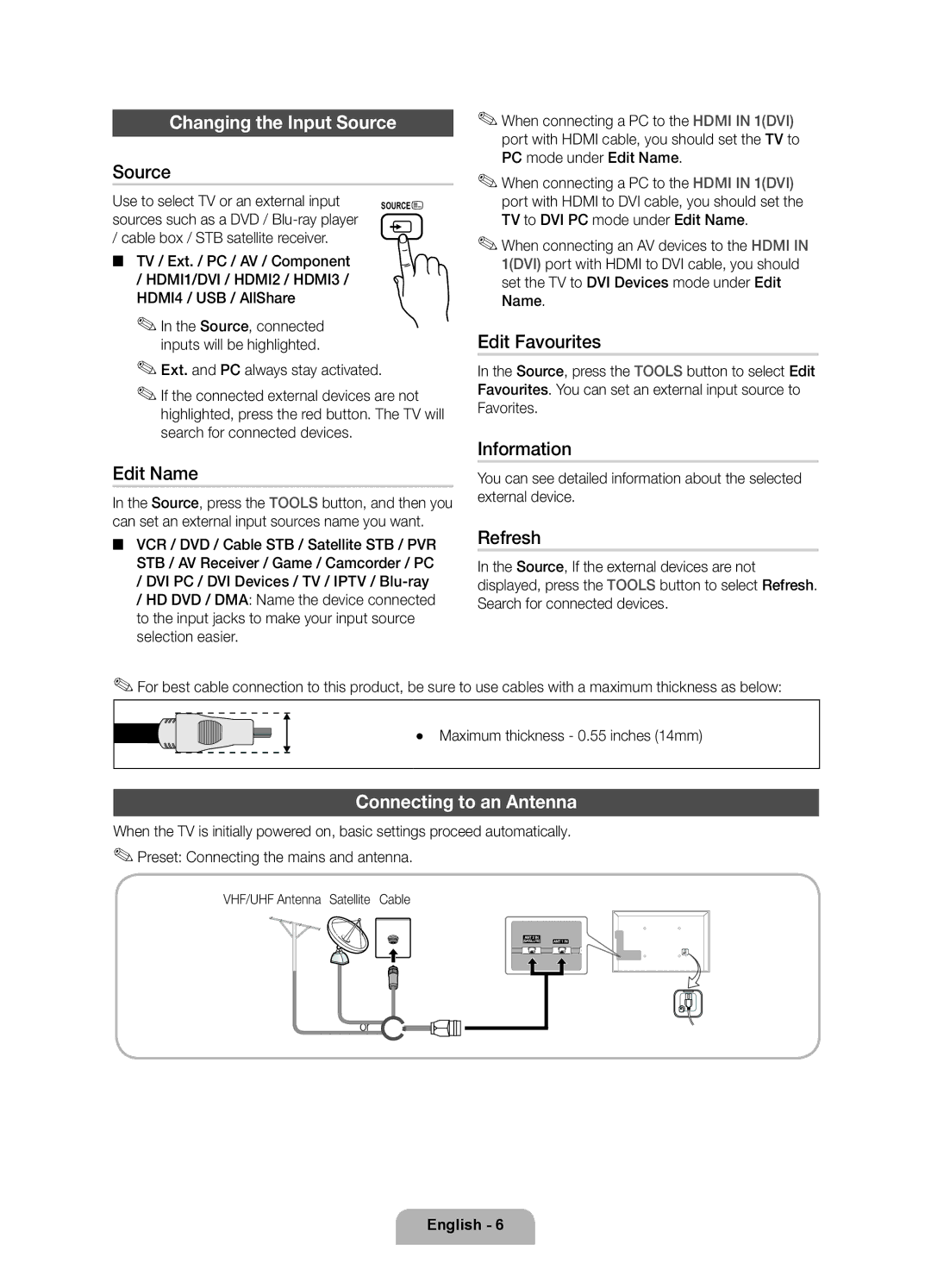 Samsung UE46D6205TSXXE, UE40D6205TSXXE, UE32D6205TSXXE, UE55D6205TSXXE Changing the Input Source, Connecting to an Antenna 