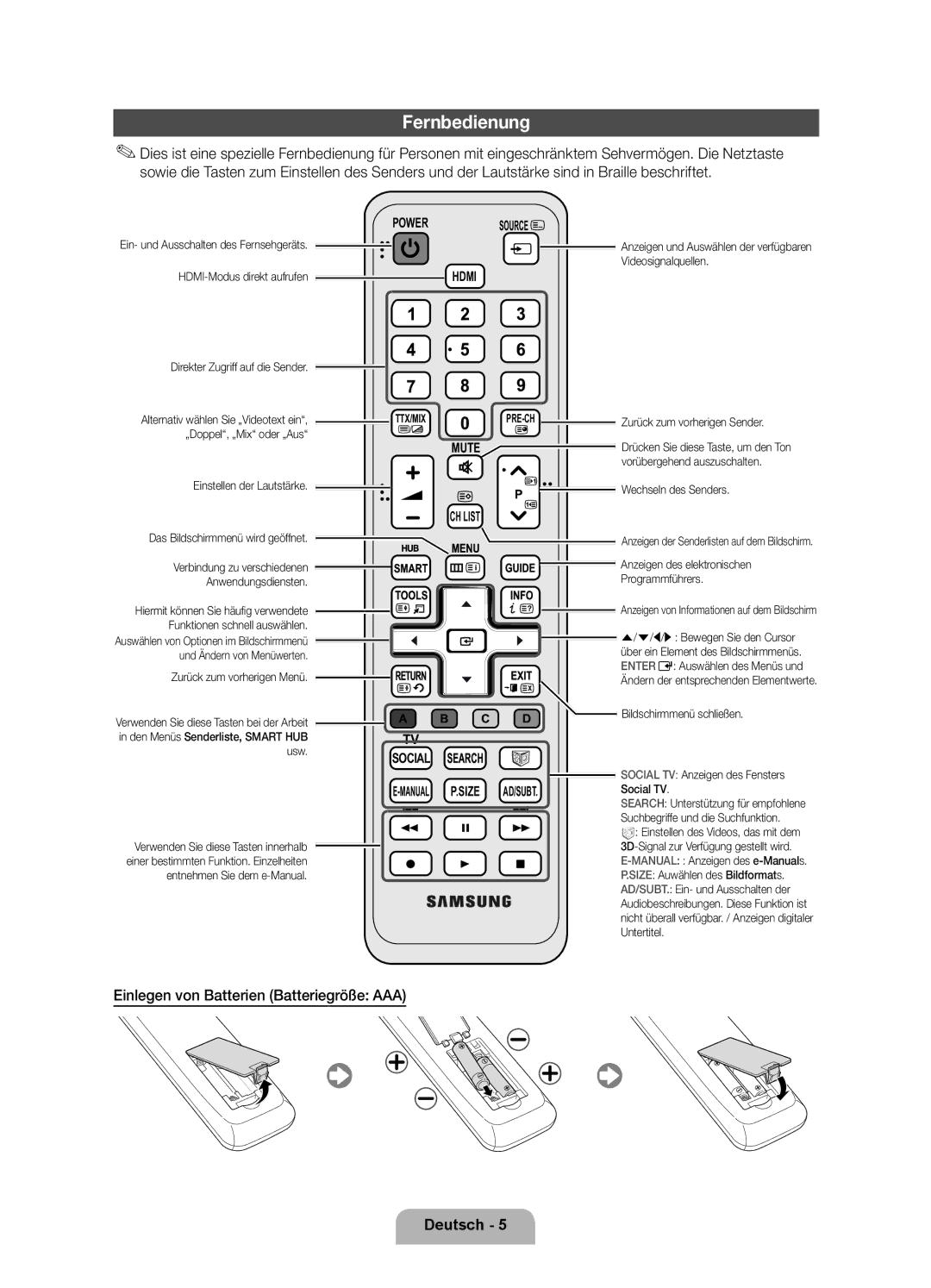 Samsung UE55D6200TSXZG, UE46D6300SSXXN, UE40D6320SSXXN manual Fernbedienung, Einlegen von Batterien Batteriegröße AAA 