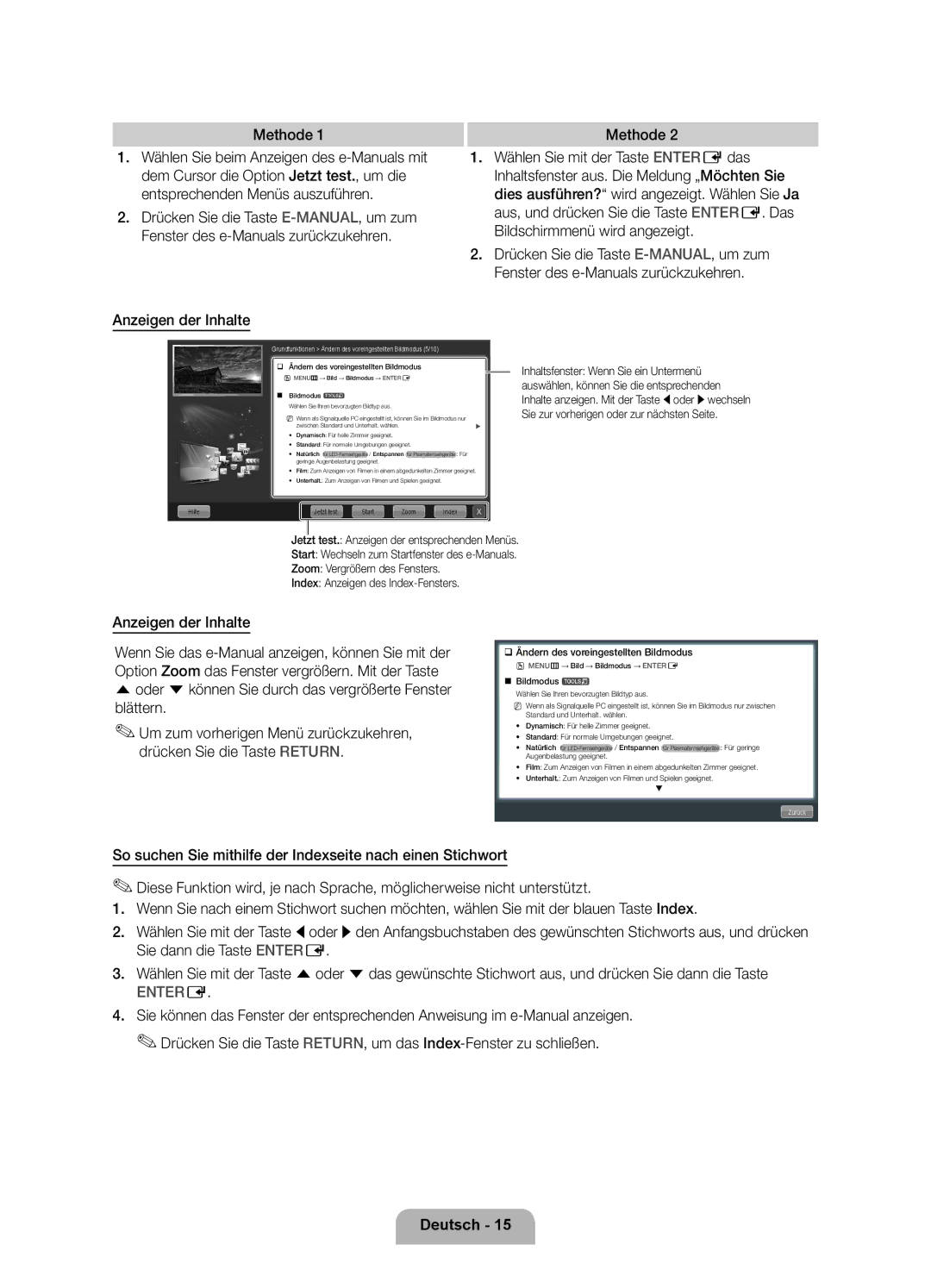 Samsung UE37D6200TSXXN, UE46D6300SSXXN manual Anzeigen der Inhalte Methode, ‰‰Ändern des voreingestellten Bildmodus 