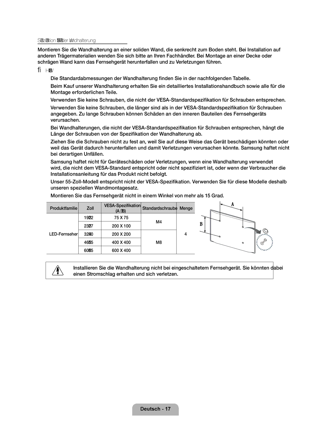 Samsung UE37D6200TSXZG Spezifikation Vesa der Wandhalterung, VESA-Spezifikation Standardschraube, 19~22 75 X 23~27 200 X 