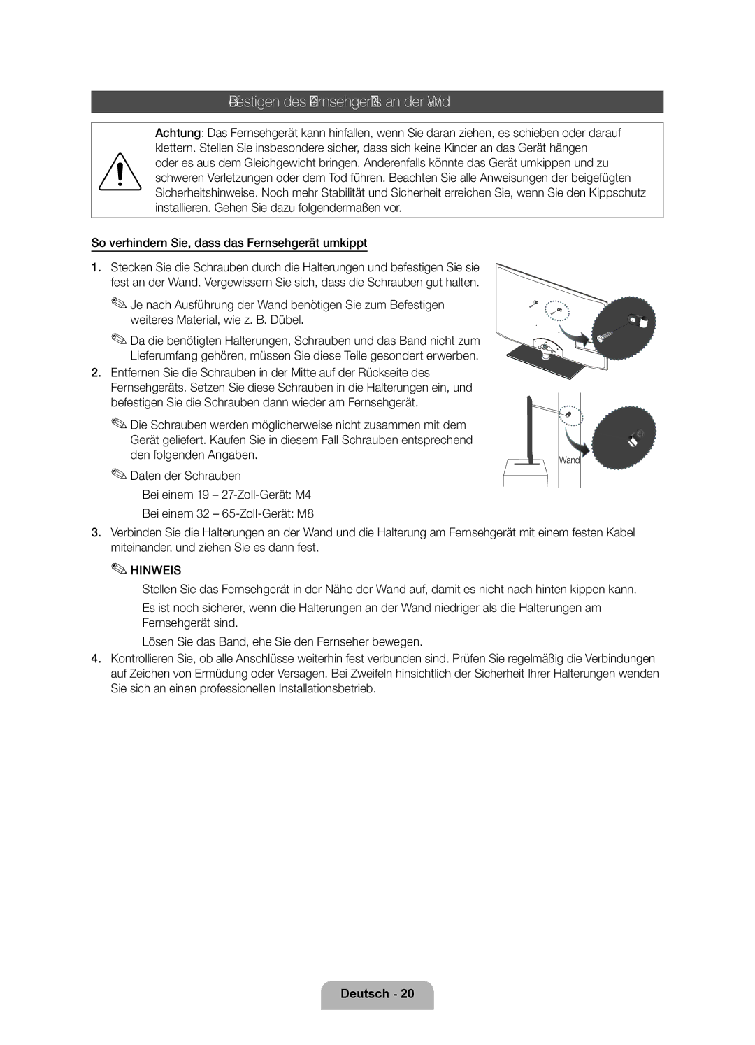 Samsung UE55D6300SSXXN manual Befestigen des Fernsehgeräts an der Wand, So verhindern Sie, dass das Fernsehgerät umkippt 