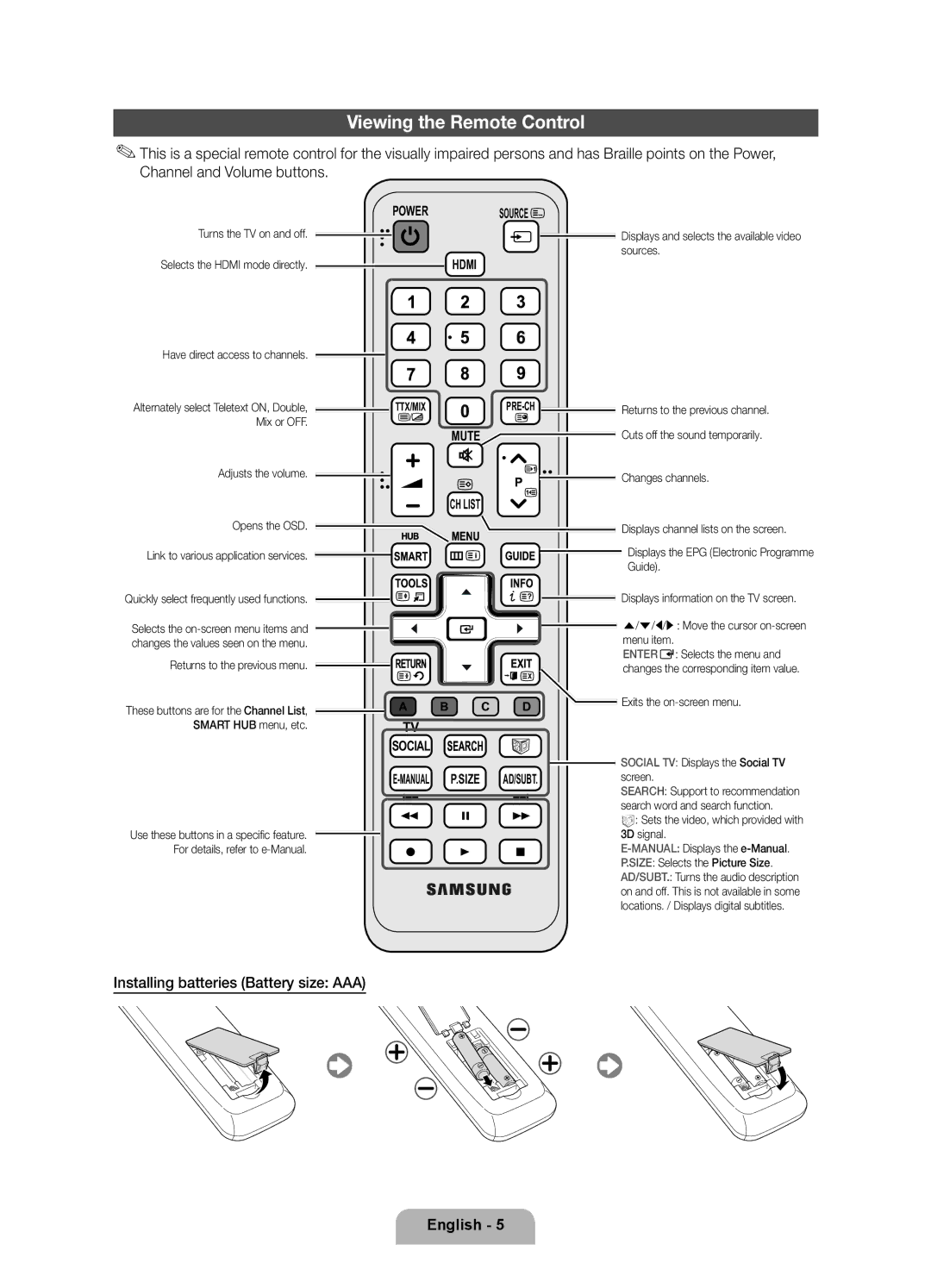 Samsung UE32D6300SSXXN manual Viewing the Remote Control, Installing batteries Battery size AAA, Adjusts the volume 