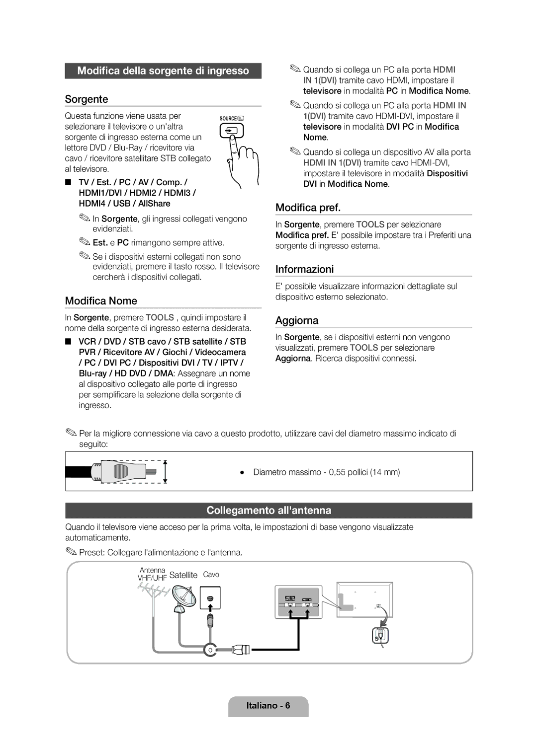 Samsung UE32D6200TSXZG, UE46D6300SSXXN, UE55D6200TSXZG manual Modifica della sorgente di ingresso, Collegamento allantenna 