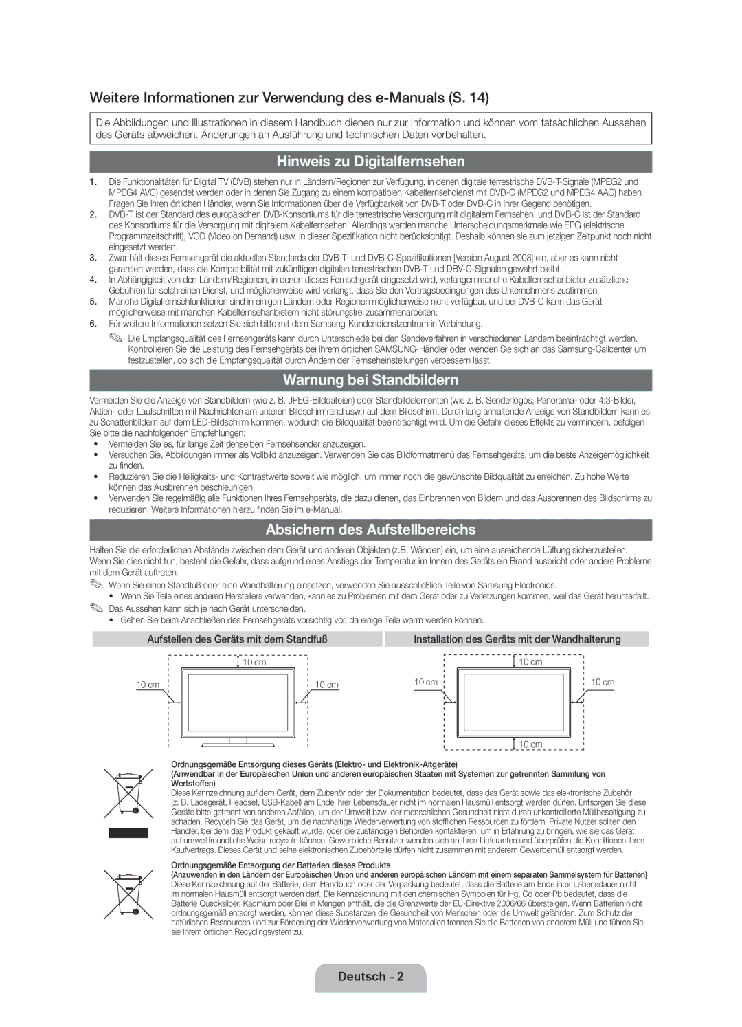 Samsung UE40D6390SSXZG manual Hinweis zu Digitalfernsehen, Warnung bei Standbildern, Absichern des Aufstellbereichs 