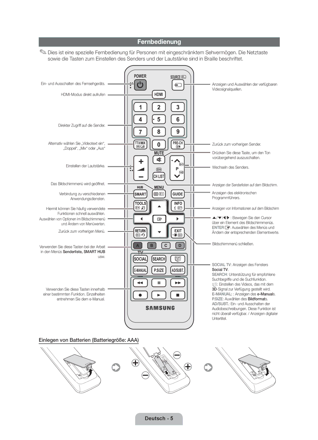 Samsung UE55D6390SSXZG, UE46D6390SSXZG, UE32D6390SSXZG manual Fernbedienung, Einlegen von Batterien Batteriegröße AAA 