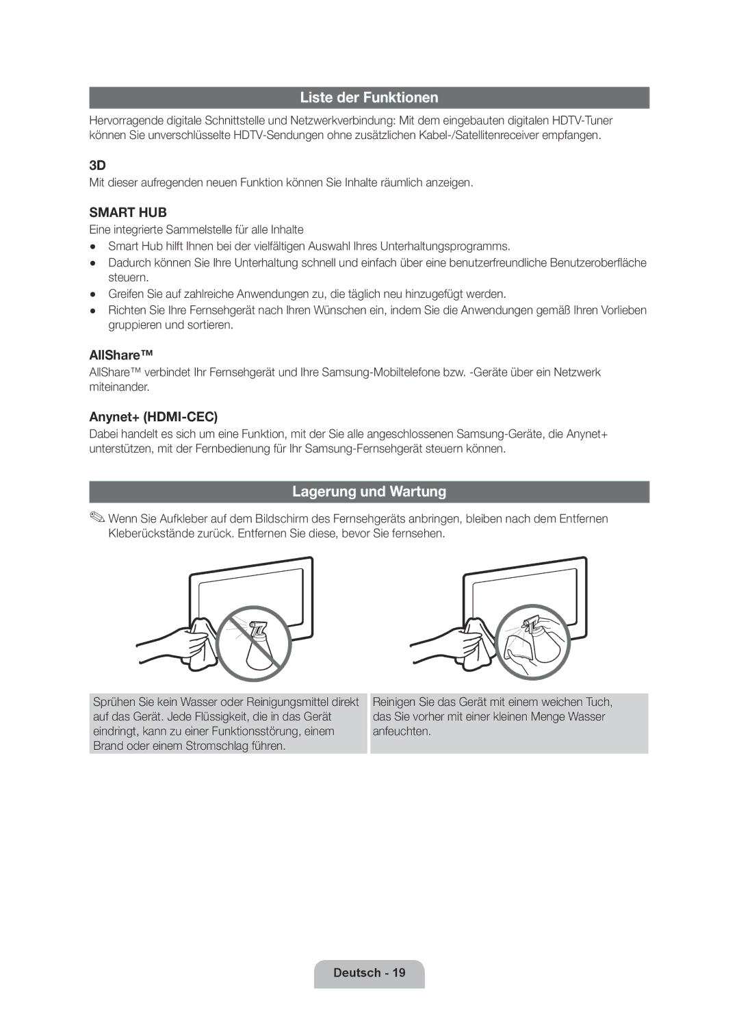 Samsung UE32D6390SSXZG, UE46D6390SSXZG, UE55D6390SSXZG, UE37D6390SSXZG manual Liste der Funktionen, Lagerung und Wartung 