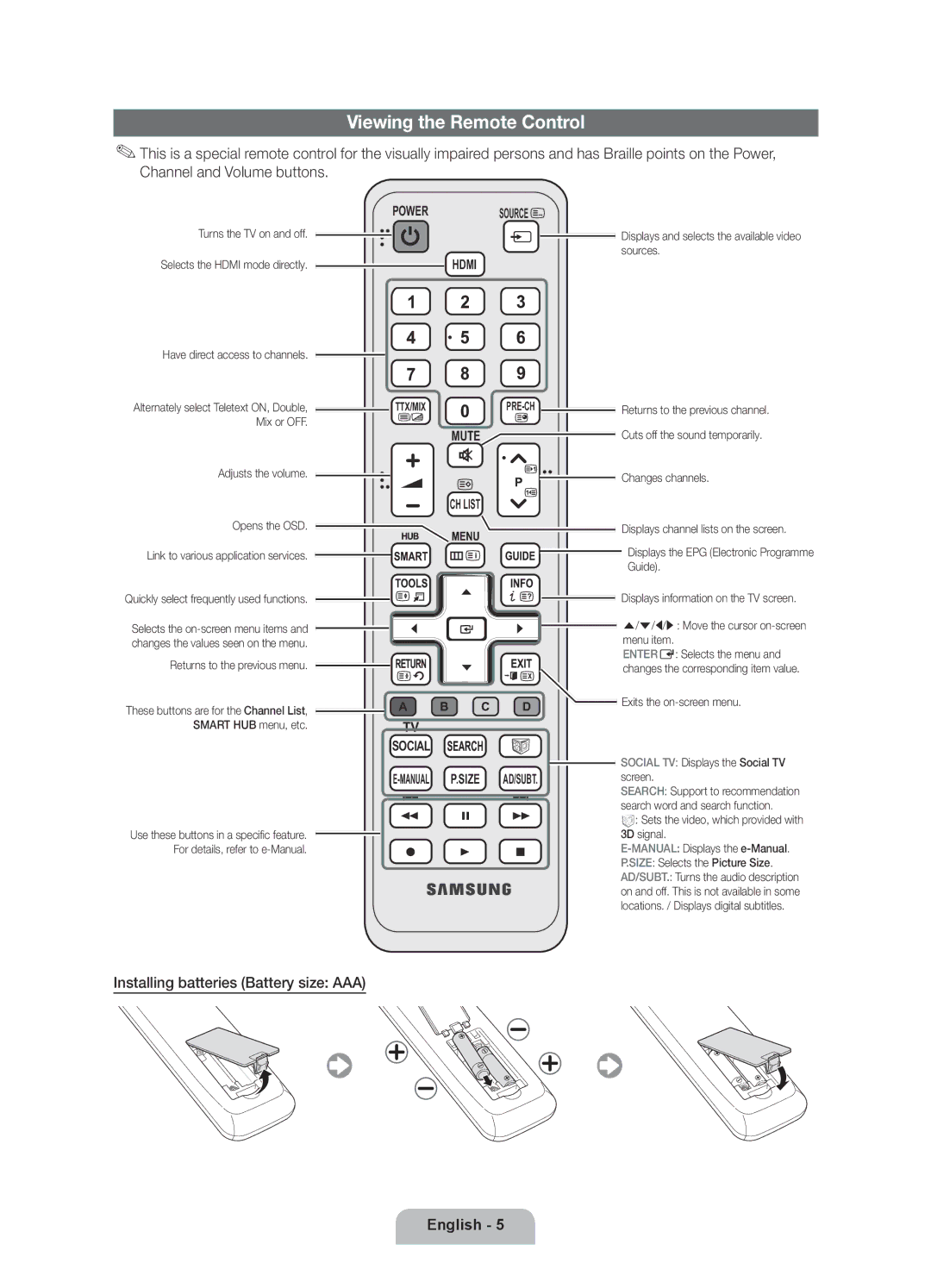 Samsung UE46D6390SSXZG manual Viewing the Remote Control, Installing batteries Battery size AAA, Adjusts the volume 