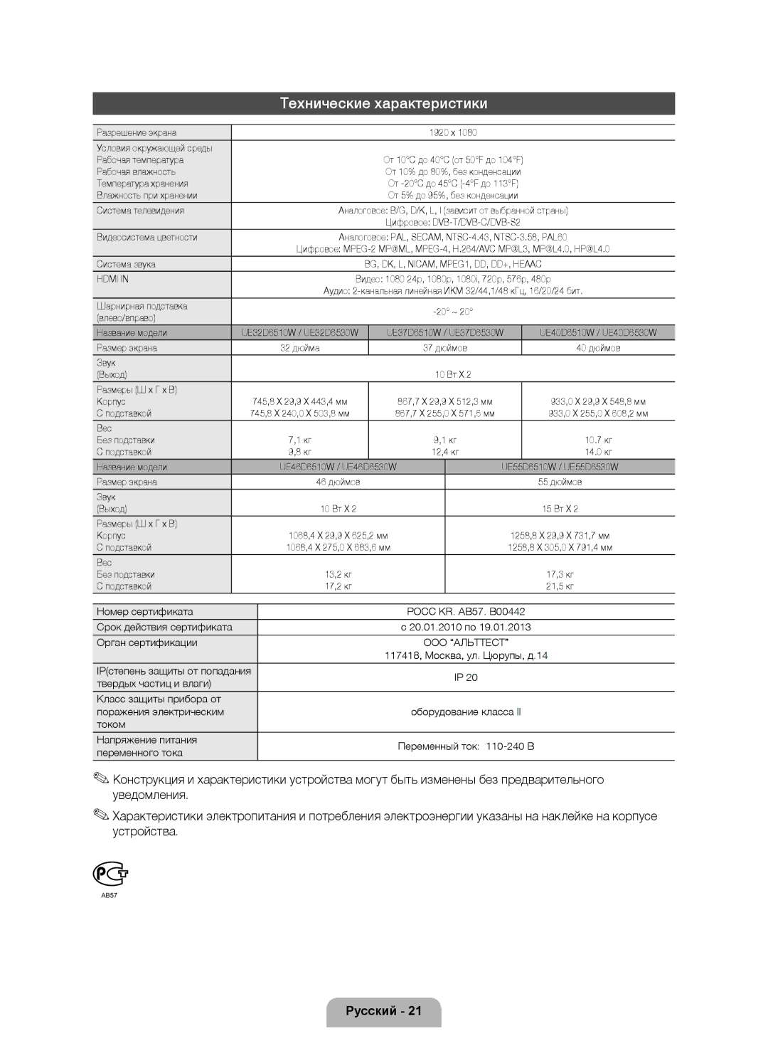 Samsung UE55D6530WSXBY, UE46D6510WSXRU, UE40D6530WSXRU, UE46D6530WSXRU, UE40D6510WSXRU manual Технические характеристики 