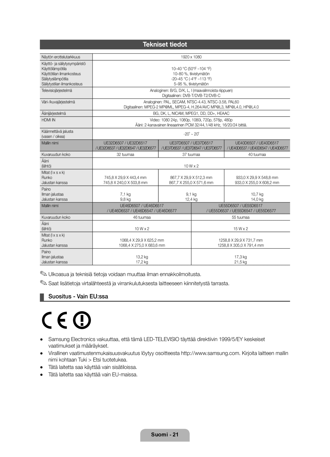 Samsung UE46D6577WKXXE, UE46D6517WKXXE, UE32D6577WKXXE, UE32D6507VKXXE, UE46D6507VKXXE, UE37D6577WKXXE manual Tekniset tiedot 