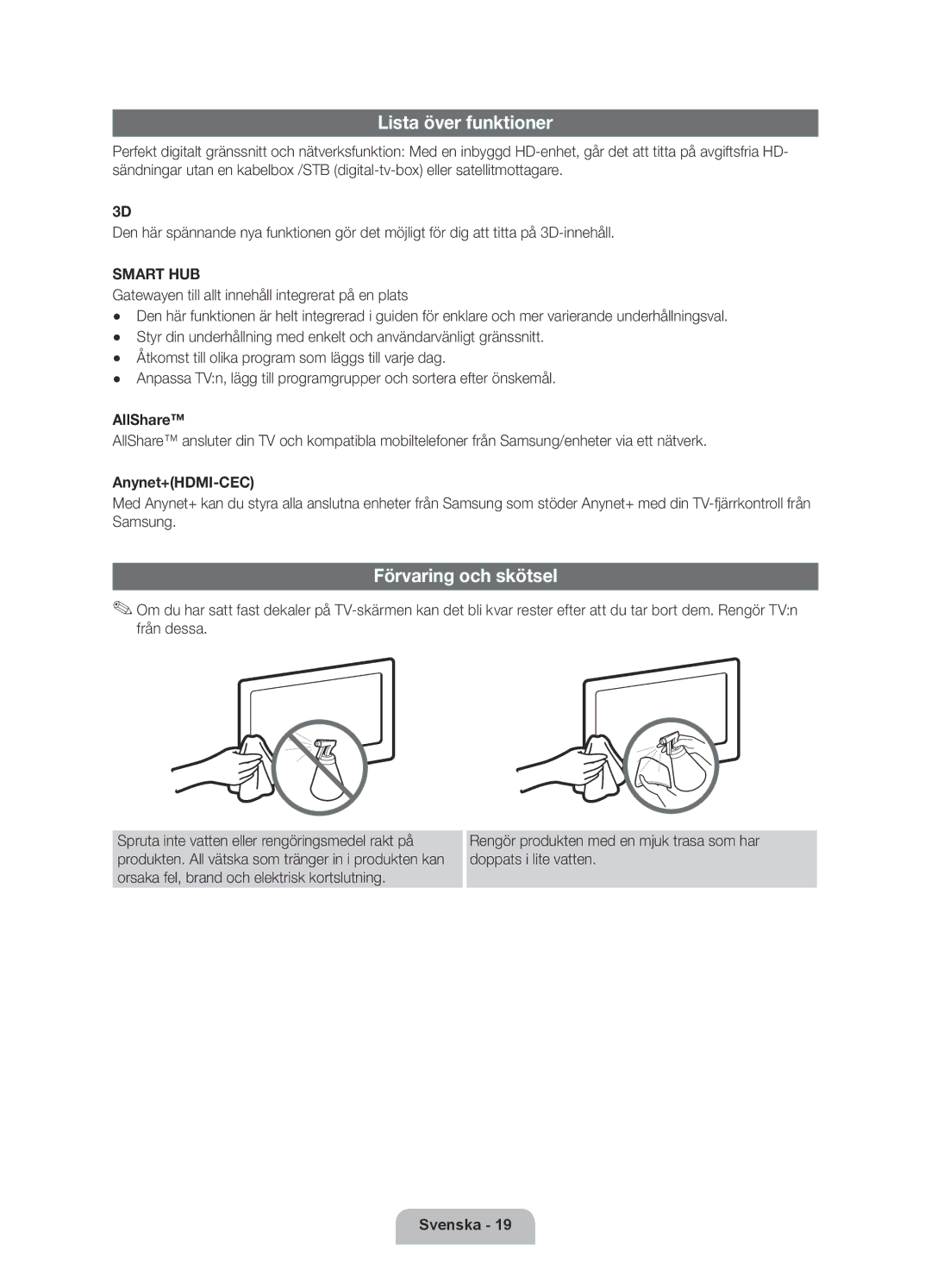 Samsung UE32D6537WKXXE, UE46D6517WKXXE, UE46D6577WKXXE, UE32D6577WKXXE manual Lista över funktioner, Förvaring och skötsel 