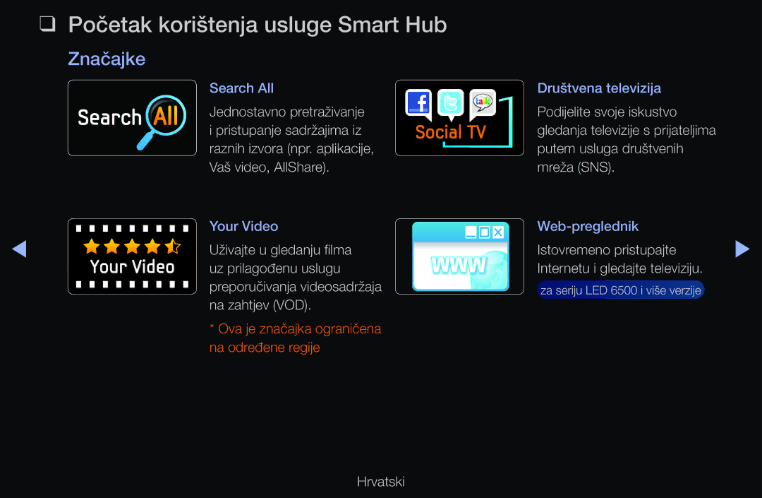 Samsung UE37D6510WSXXH, UE46D6530WSXXH, UE40D6000TWXXH, UE32D6510WSXXH manual Početak korištenja usluge Smart Hub, Značajke 