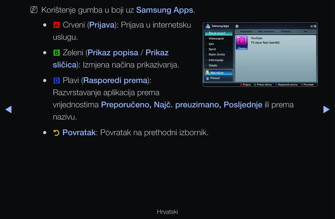 Samsung UE46D6510WSXXH, UE46D6530WSXXH manual Razvrstavanje aplikacija prema, Nazivu Povratak Povratak na prethodni izbornik 