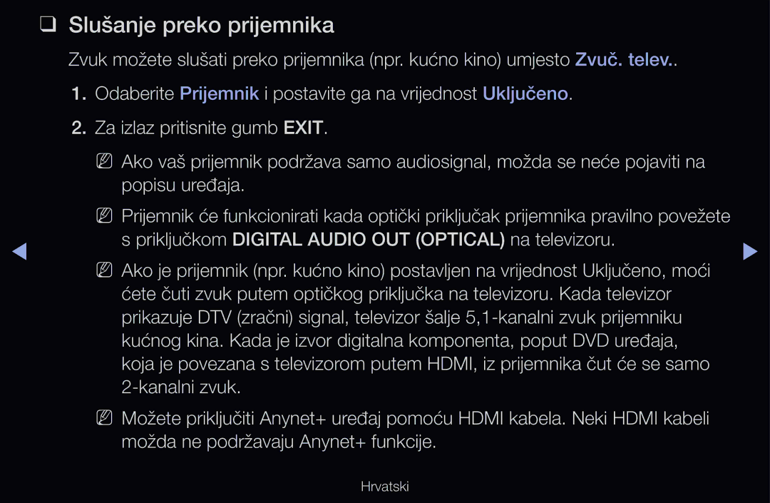 Samsung UE37D6750WSXXH manual Slušanje preko prijemnika, Priključkom Digital Audio OUT Optical na televizoru, Kanalni zvuk 