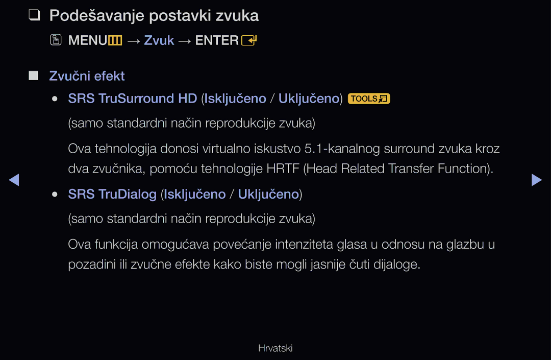 Samsung UE46D6530WSXXH, UE40D6000TWXXH, UE32D6510WSXXH, UE40D6120SWXXH Podešavanje postavki zvuka, OO MENUm → Zvuk → Entere 