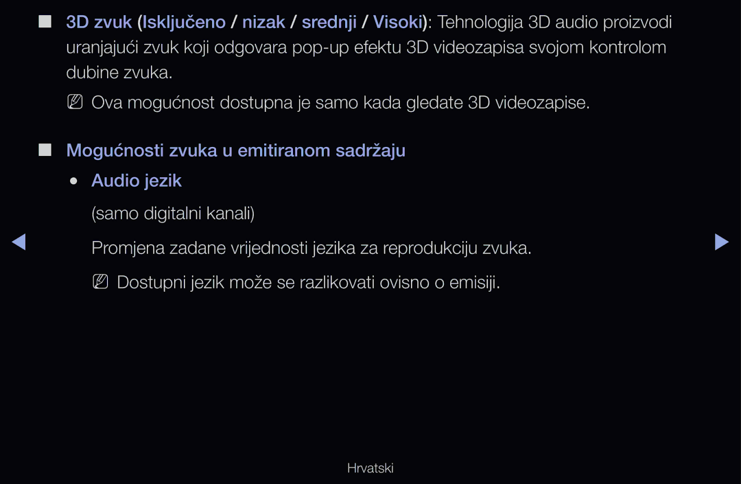 Samsung UE32D6510WSXXH, UE46D6530WSXXH, UE40D6000TWXXH, UE40D6120SWXXH Mogućnosti zvuka u emitiranom sadržaju Audio jezik 