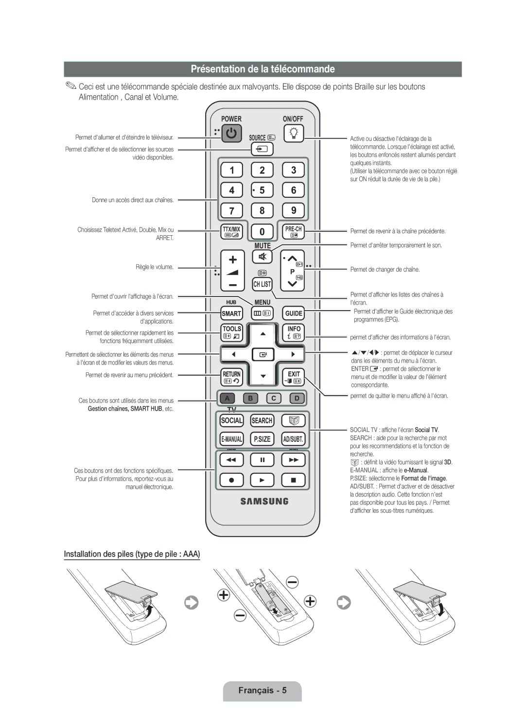 Samsung UE37D6510WSXXC, UE46D6530WSXXN manual Présentation de la télécommande, Installation des piles type de pile AAA 