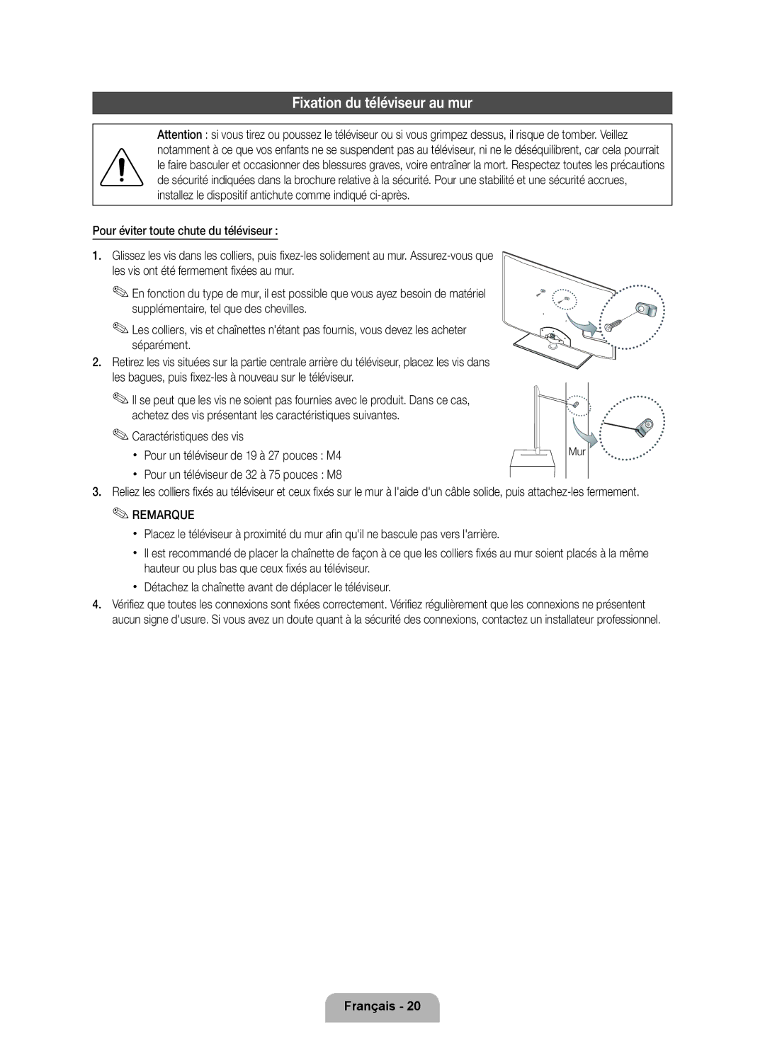 Samsung UE40D6530WSXXC, UE46D6530WSXXN manual Fixation du téléviseur au mur, Pour un téléviseur de 32 à 75 pouces M8, Mur 