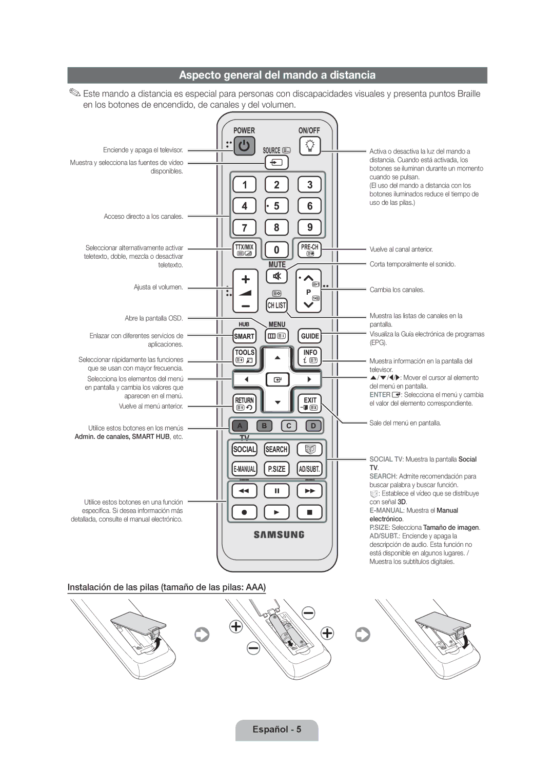 Samsung UE32D6530WSXXC manual Aspecto general del mando a distancia, Instalación de las pilas tamaño de las pilas AAA 