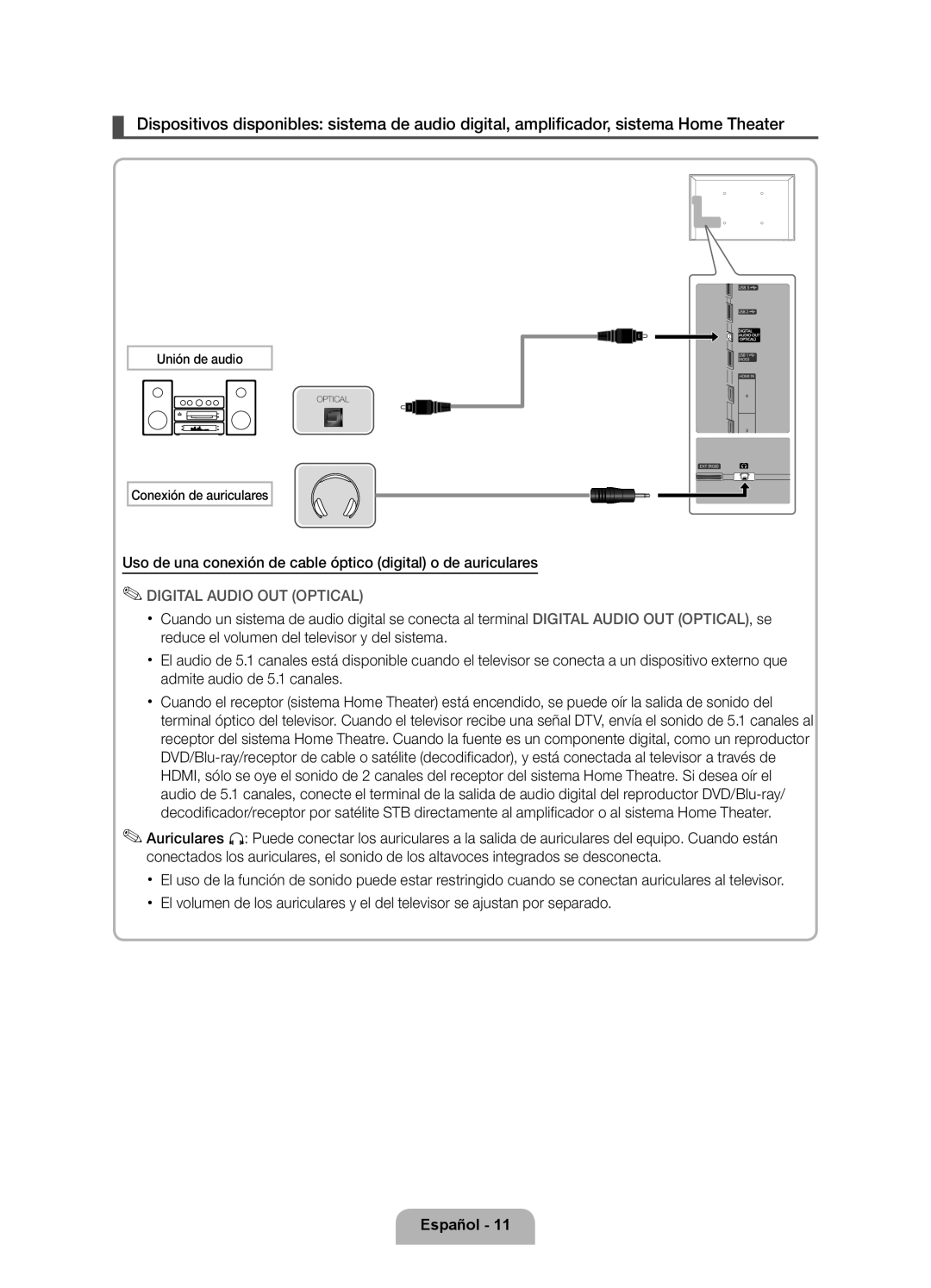 Samsung UE37D6510WSXXC, UE46D6530WSXXN, UE40D6530WSXXC manual Uso de una conexión de cable óptico digital o de auriculares 