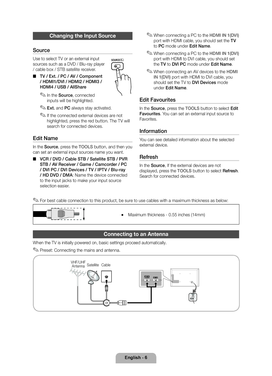 Samsung UE32D6530WSXXC manual Changing the Input Source, Connecting to an Antenna, Use to select TV or an external input 