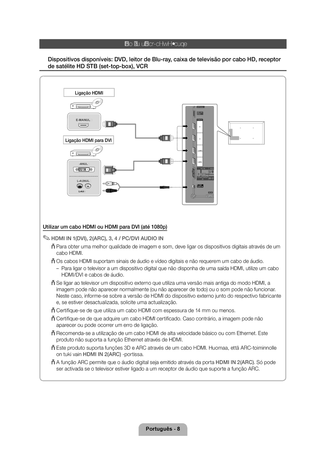 Samsung UE46D6530WSXXC, UE46D6530WSXXN manual Ligação a dispositivos AV, Utilizar um cabo Hdmi ou Hdmi para DVI até 1080p 