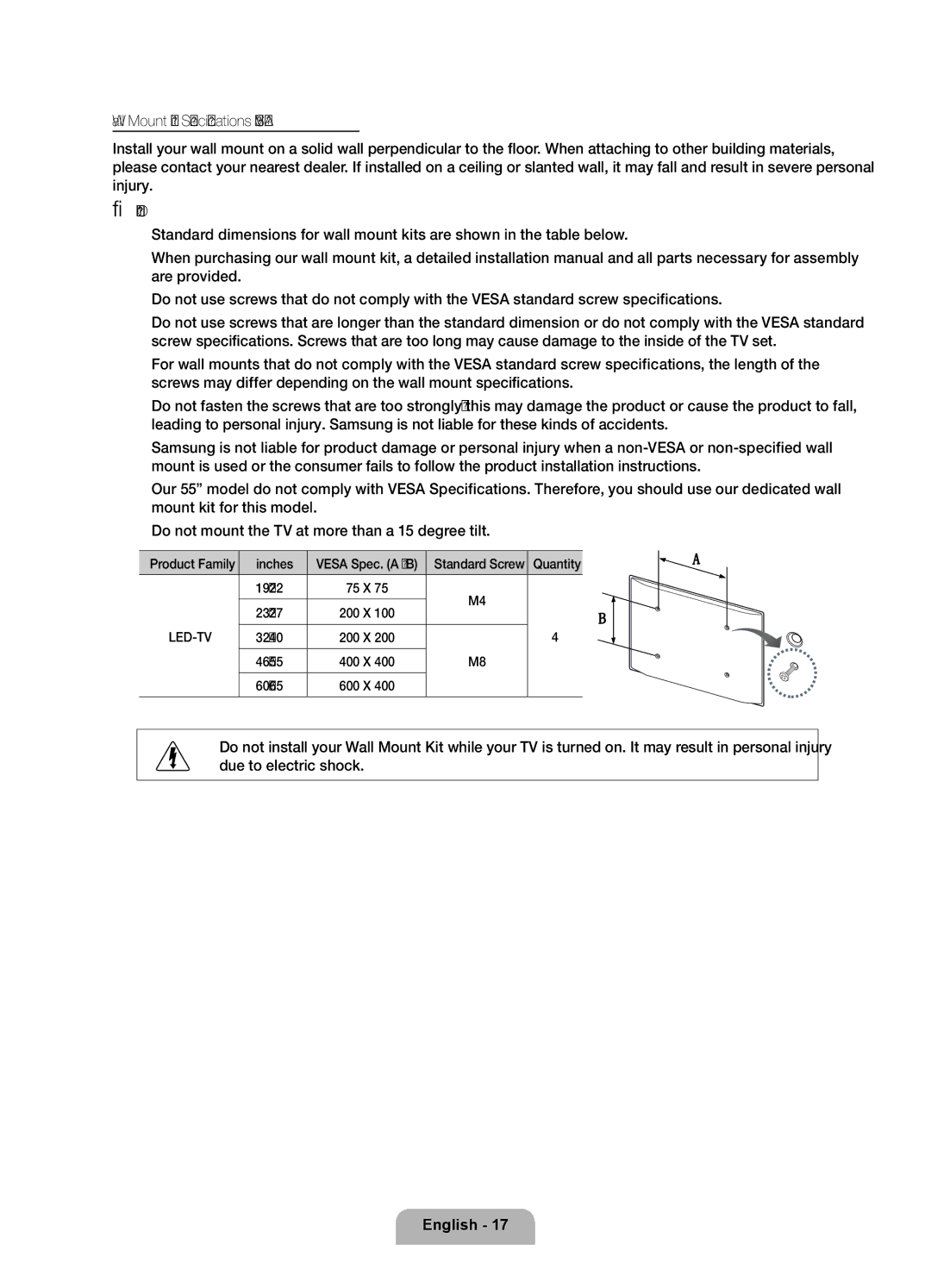 Samsung UE32D6770WSXZG, UE46D6770WSXZG, UE37D6770WSXZG Vesa Spec. a * B Standard Screw Quantity, 75 X, 200 X, 400 X, 600 X 