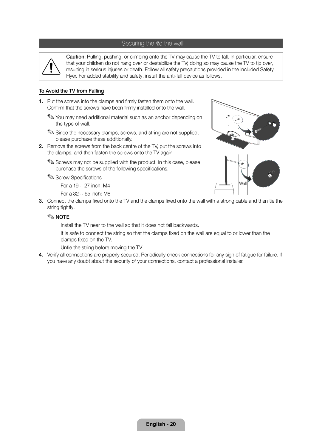 Samsung UE46D6750WSXZF, UE46D6770WSXZG, UE37D6770WSXZG, UE40D6770WSXZG, UE32D6770WSXZG manual Securing the TV to the wall 