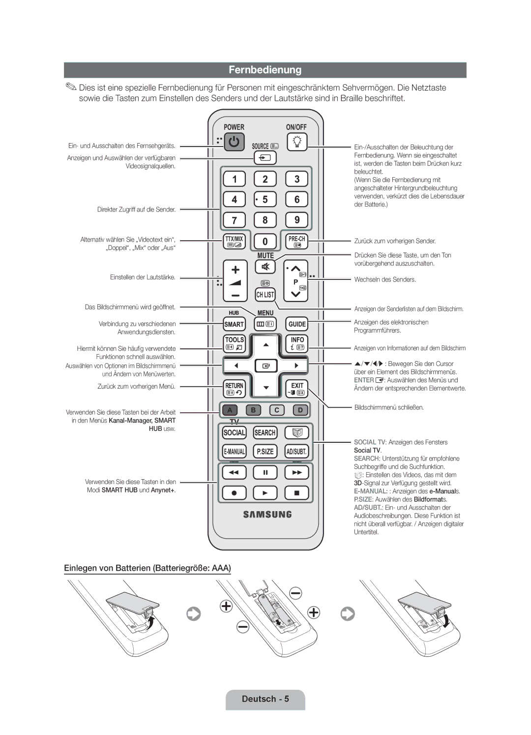 Samsung UE46D6750WSXZF, UE46D6770WSXZG, UE37D6770WSXZG manual Fernbedienung, Einlegen von Batterien Batteriegröße AAA 