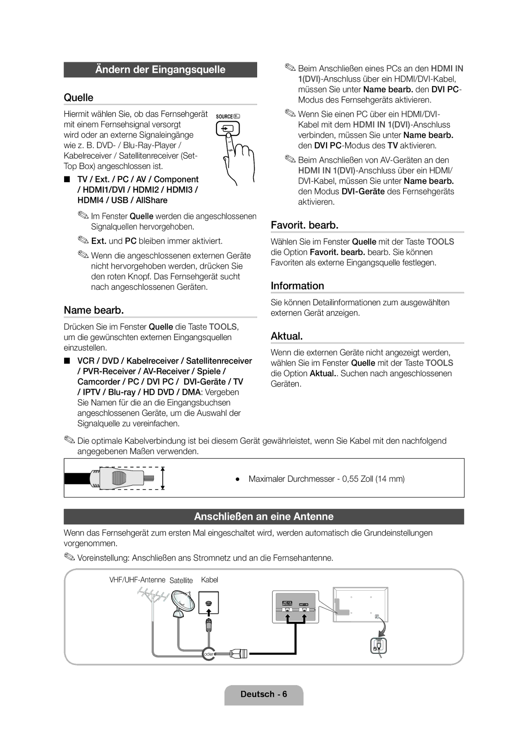 Samsung UE46D6770WSXZG, UE37D6770WSXZG, UE40D6770WSXZG manual Ändern der Eingangsquelle, Anschließen an eine Antenne 